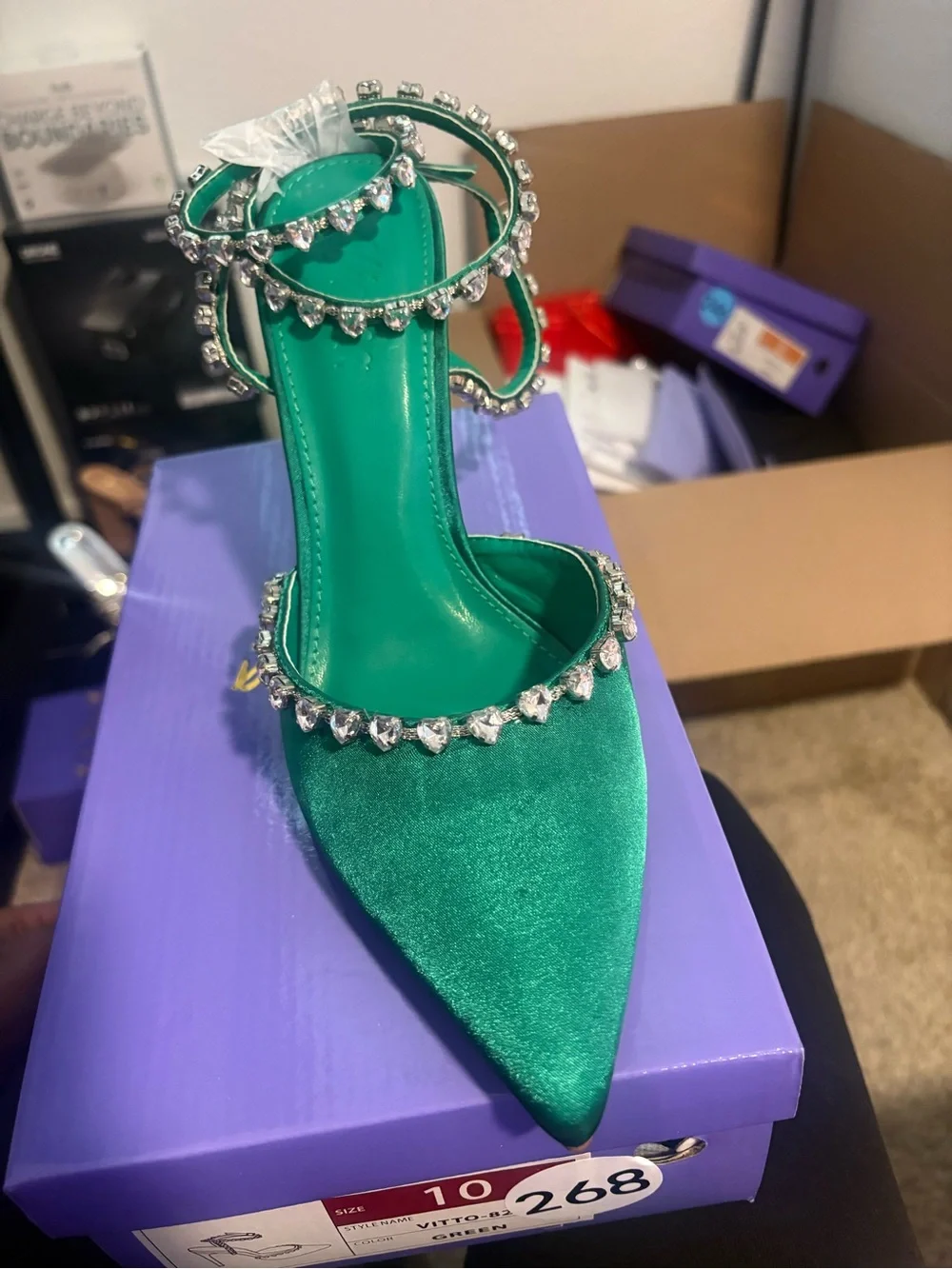 Green Satin Crystal-Embellished Stiletto Mule